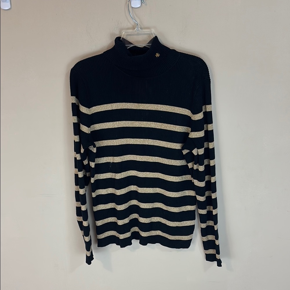 Lauren Ralph Lauren Striped Black and Gold Ribbed
Turtleneck Sweater XL